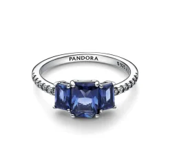 Blauer Rechteckiger Funkelnder Drei-Stein-Ring