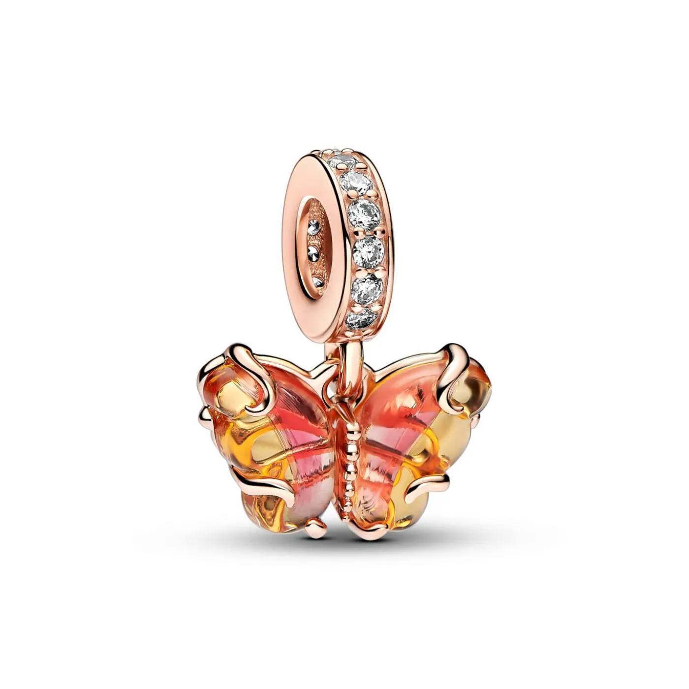 Rosafarbener & Gelber Murano-Glas Schmetterling Charm-Anhänger